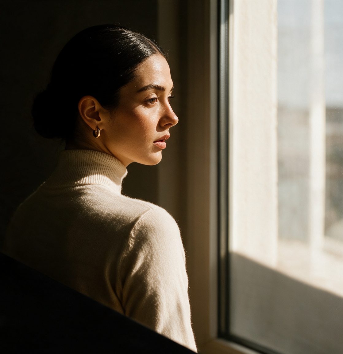 A woman in a cream jumper looking thoughtfully out of a sunlit window