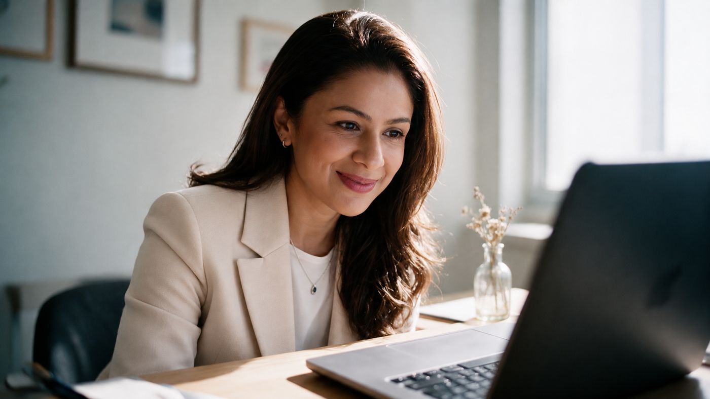 Sabina smiling at her laptop during an online session