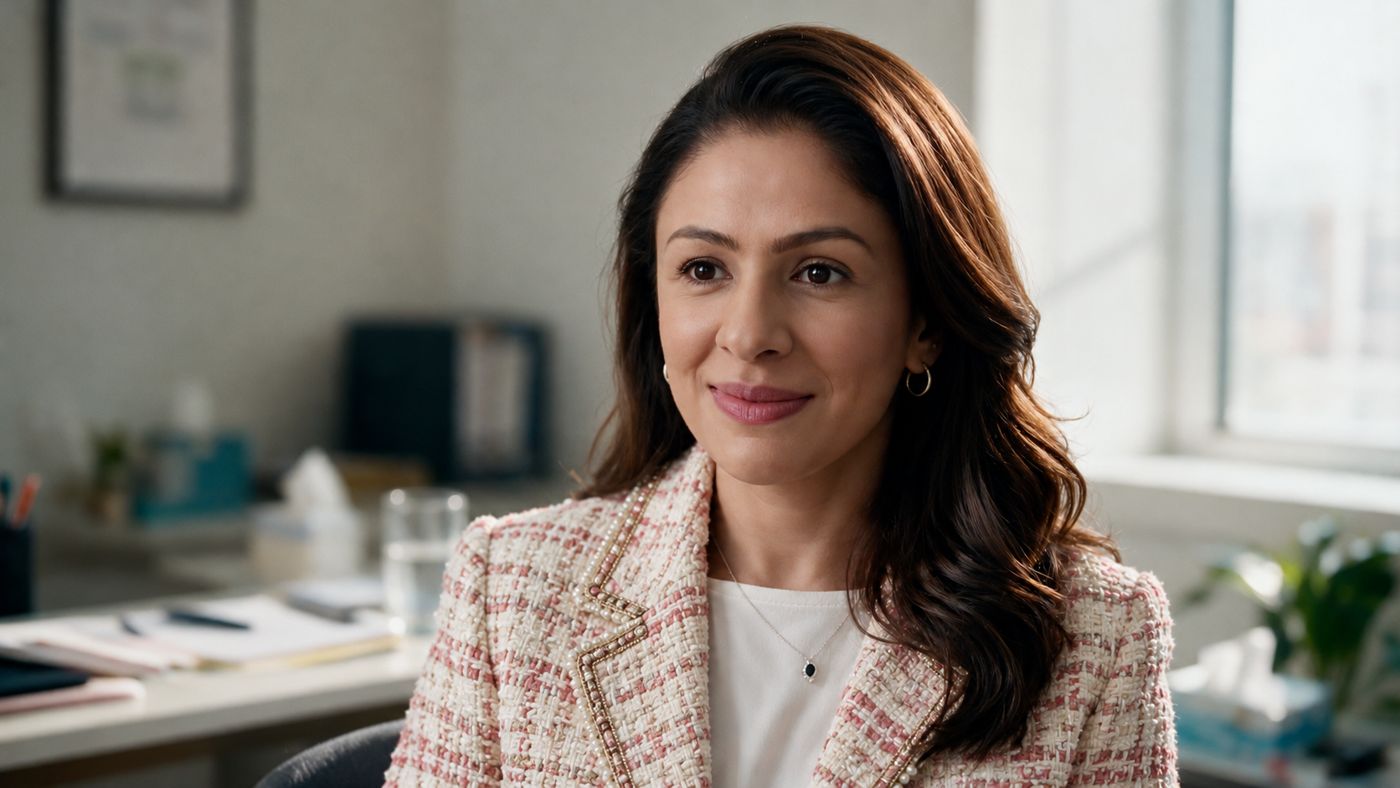 Sabina smiling warmly in her consulting room
